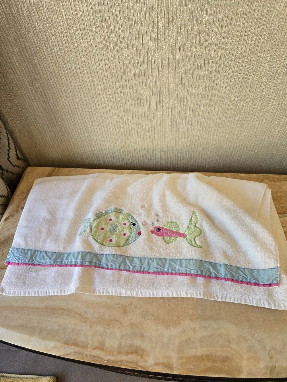 Pottery Barn Kids Fish Embroidered Bath Mat Towel Set in Yellow, Blue & Pink